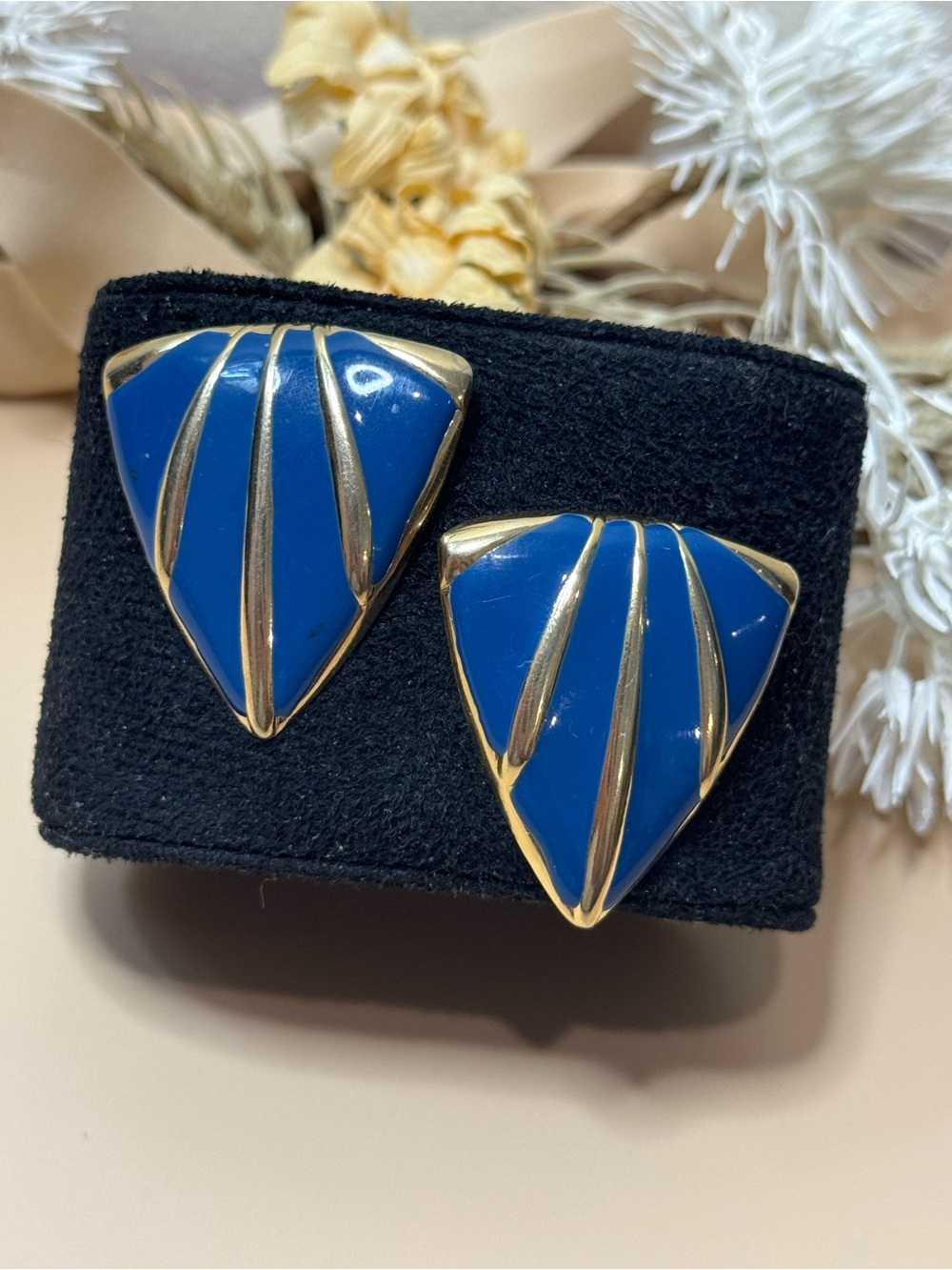 Vintage Blue Enamel Gold Tone Geometric Triangle Statement Pierced Earrings